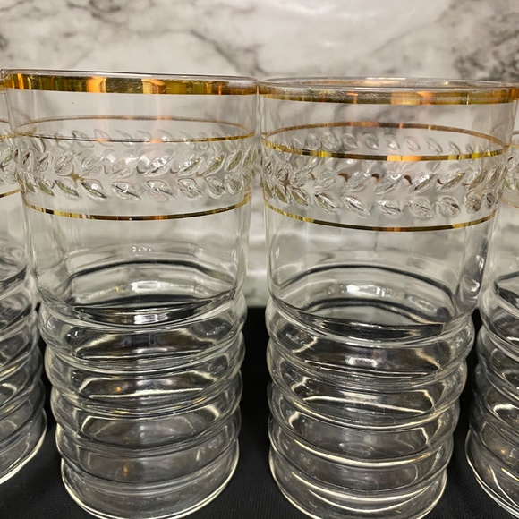* Federal Glass Co Gold Banded Curvy Rippled Glass Leaf Detail MCM set Of 4 - Picture 6 of 7